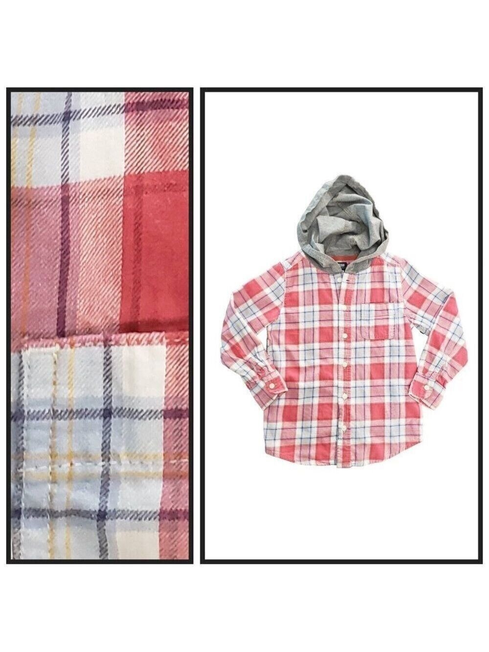 OshKosh Boys Size 7 Plaid Hooded Shirt Red Blue Button Down